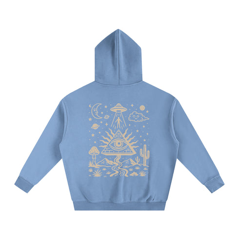 Light blue hoodie with a white graphic design on the back against a white background